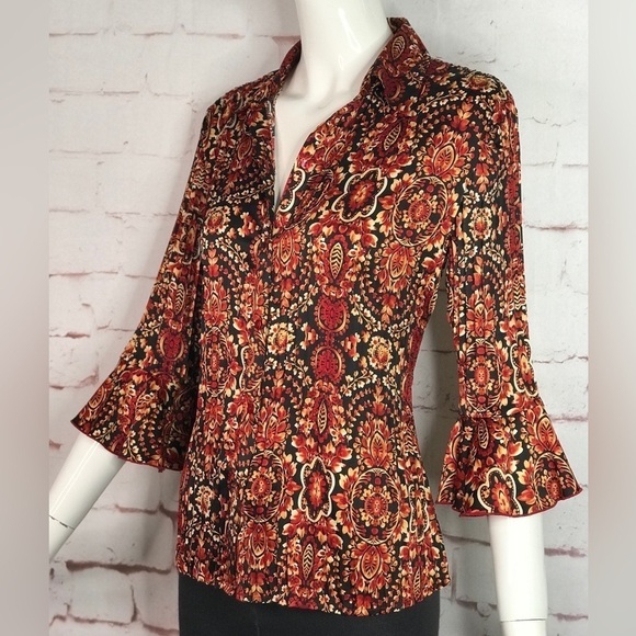 ESSENTIALS By MILANO Pleated S 3/4 Bell Sleeve Rust Cream Black Print Blouse - Picture 2 of 13